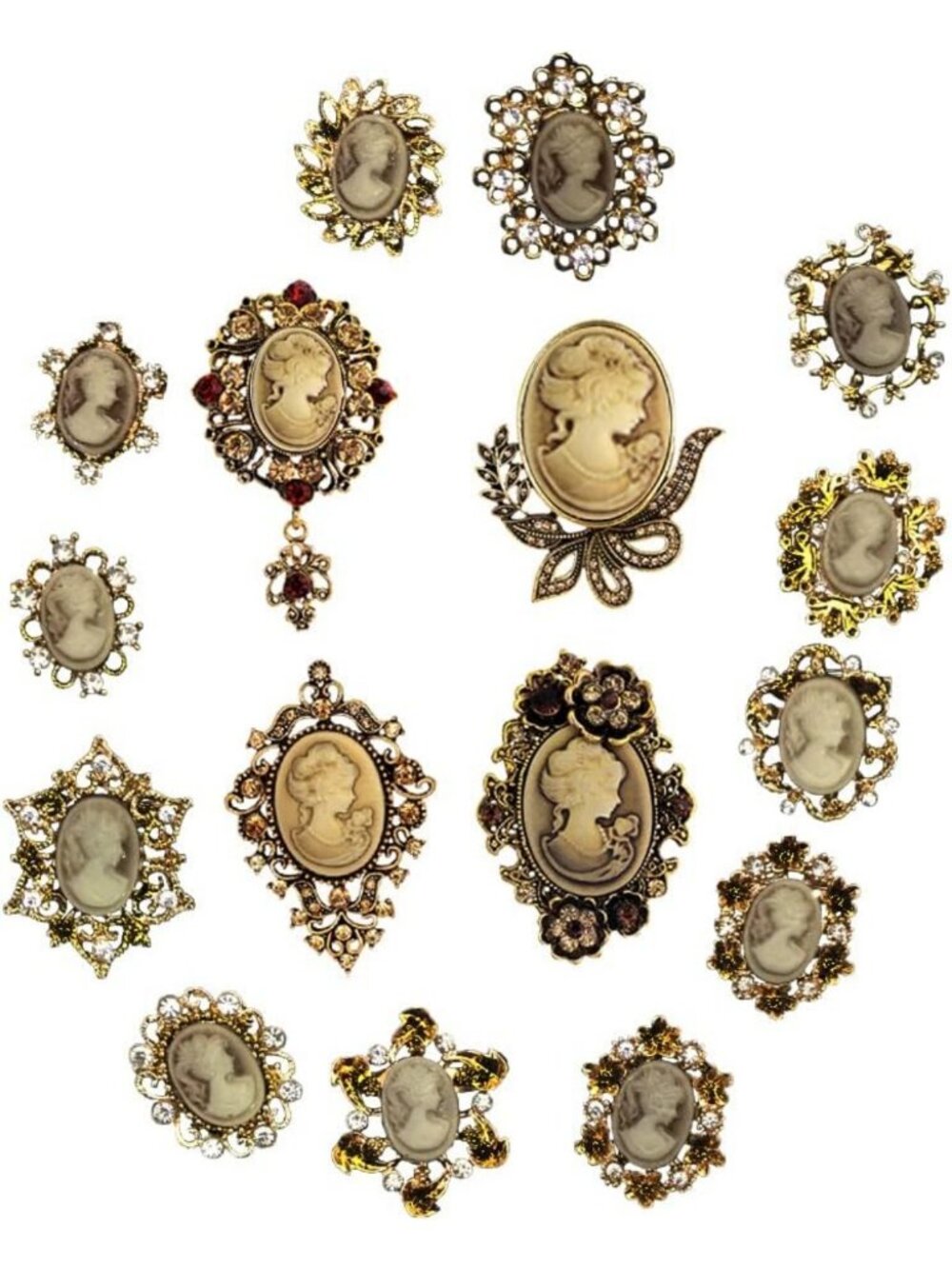 Vintage Princess Frame Crystal Cameo Brooch Set for Women - Elegant Jewelry Pins